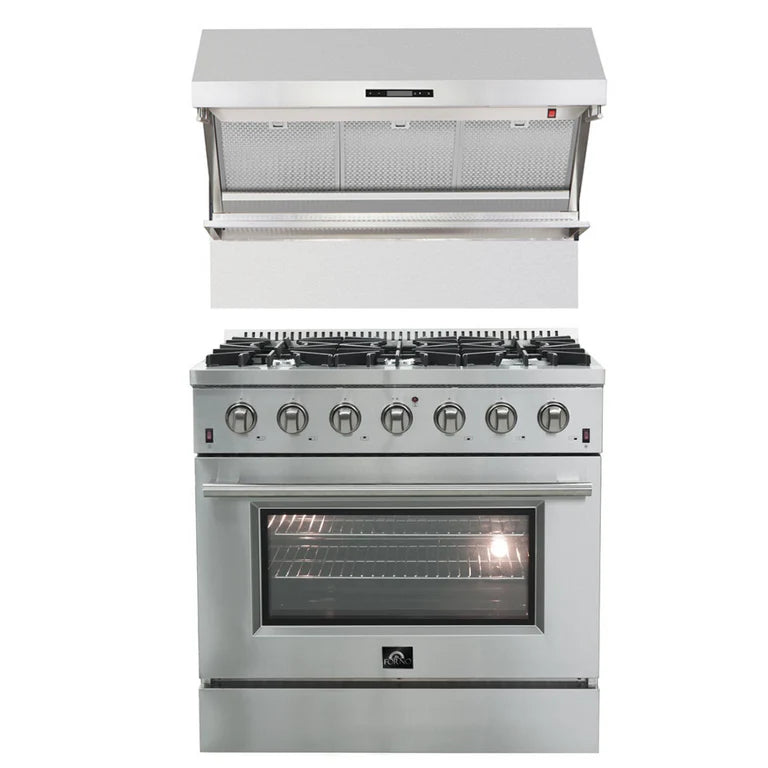Forno Appliance Package- 36 Inch Gas Range, Wall Mount Range Hood