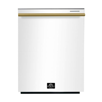 FORNO Premium 4-Piece Kitchen Bundle - Leonardo Espresso 30" White Range, 30" White Range Hood, 31" White Bottom Freezer Refrigerator, 24" White Built-In Dishwasher - FBDL-006-03US