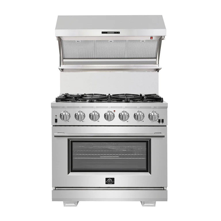 Forno Appliance Package- 36 Inch Gas Range, Wall Mount Range Hood