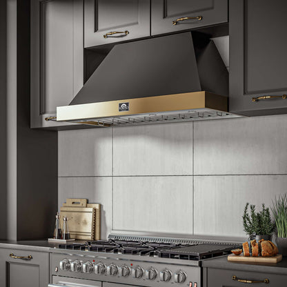 Forno Vittorio 48-Inch Wall Mount Range Hood, Black with Antique Brass Trim, 600 CFM Airflow, Dishwasher-Safe Baffle Filters, Remote Control, 3-Speed Fan, Bright LED Lighting.
