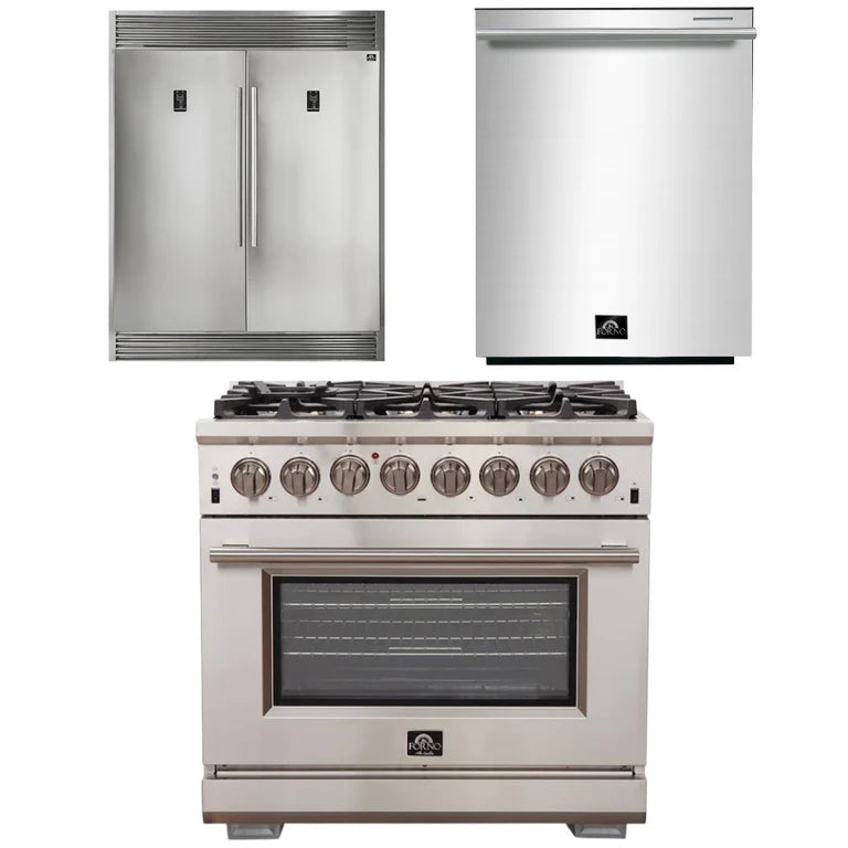 Forno Appliance Package - 36 Inch Gas Burner/Electric Oven Pro Range, Dishwasher, Refrigerator