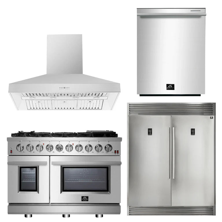 Forno Appliance Package - 48" Gas Range, Range Hood, 60" Refrigerator, Dishwasher