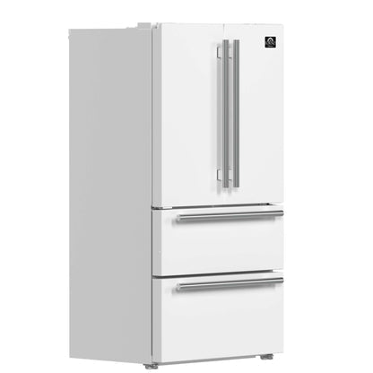 FORNO Premium 2 Pieces Kitchen Bundle - Leonardo Espresso 30-Inch White Electric Range, Moena Espresso 36-Inch White French Door Refrigerator