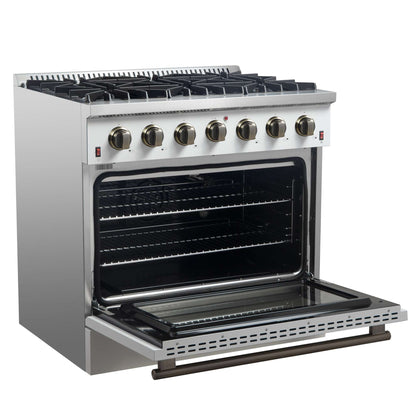Forno Galiano 36-inch Freestanding Gas Range in White with Antique Brass Design, 6 Burners, 83,000 BTU, 5.36 cu.ft. Convection Oven