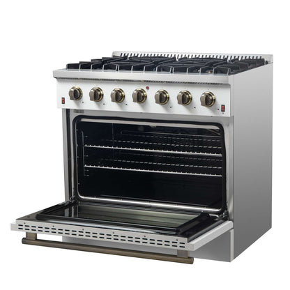 Forno Galiano 36-inch Freestanding Gas Range in White with Antique Brass Design, 6 Burners, 83,000 BTU, 5.36 cu.ft. Convection Oven