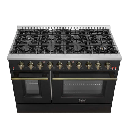 FORNO Galiano 48-inch Gas Range - Black & Antique Brass Design, 8 Burners, 107,000 BTU, Griddle, 6.58 cu.ft. Double Ovens