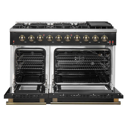 FORNO Galiano 48-inch Gas Range - Black & Antique Brass Design, 8 Burners, 107,000 BTU, Griddle, 6.58 cu.ft. Double Ovens
