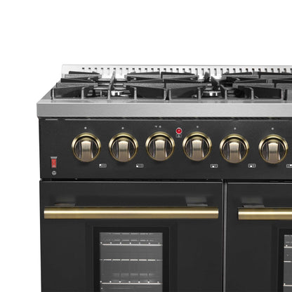 FORNO Galiano 48-inch Gas Range - Black & Antique Brass Design, 8 Burners, 107,000 BTU, Griddle, 6.58 cu.ft. Double Ovens