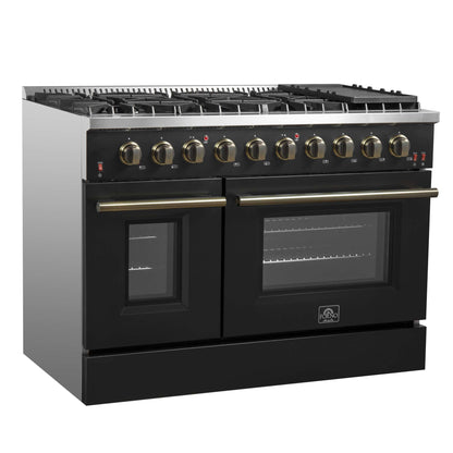FORNO Galiano 48-inch Gas Range - Black & Antique Brass Design, 8 Burners, 107,000 BTU, Griddle, 6.58 cu.ft. Double Ovens