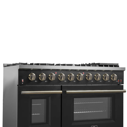 FORNO Galiano 48-inch Gas Range - Black & Antique Brass Design, 8 Burners, 107,000 BTU, Griddle, 6.58 cu.ft. Double Ovens