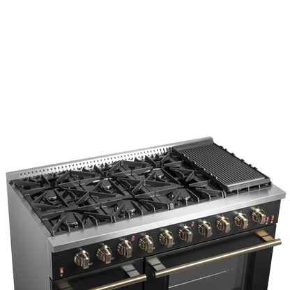 FORNO Galiano 48-inch Gas Range - Black & Antique Brass Design, 8 Burners, 107,000 BTU, Griddle, 6.58 cu.ft. Double Ovens