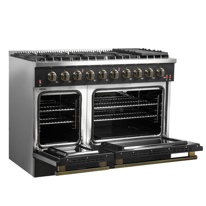 FORNO Galiano 48-inch Gas Range - Black & Antique Brass Design, 8 Burners, 107,000 BTU, Griddle, 6.58 cu.ft. Double Ovens