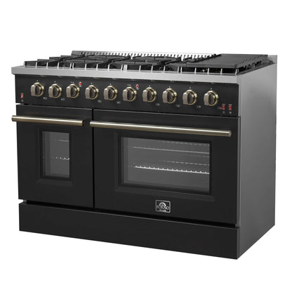FORNO Galiano 48-inch Gas Range - Black & Antique Brass Design, 8 Burners, 107,000 BTU, Griddle, 6.58 cu.ft. Double Ovens
