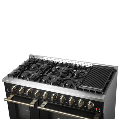 FORNO Galiano 48-inch Gas Range - Black & Antique Brass Design, 8 Burners, 107,000 BTU, Griddle, 6.58 cu.ft. Double Ovens