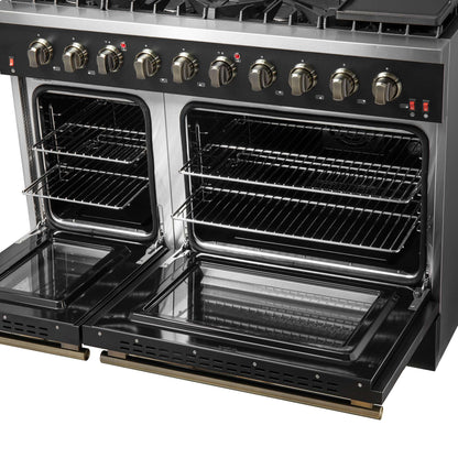 FORNO Galiano 48-inch Gas Range - Black & Antique Brass Design, 8 Burners, 107,000 BTU, Griddle, 6.58 cu.ft. Double Ovens