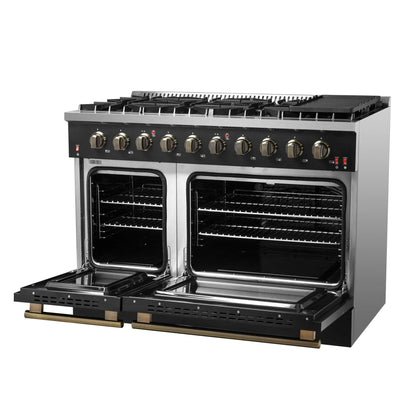 FORNO Galiano 48-inch Gas Range - Black & Antique Brass Design, 8 Burners, 107,000 BTU, Griddle, 6.58 cu.ft. Double Ovens