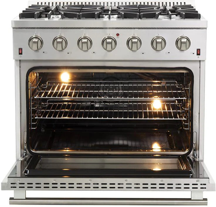 Forno Appliance Package- 36 Inch Gas Range, Wall Mount Range Hood