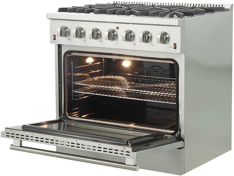 Forno Appliance Package- 36 Inch Gas Range, Wall Mount Range Hood