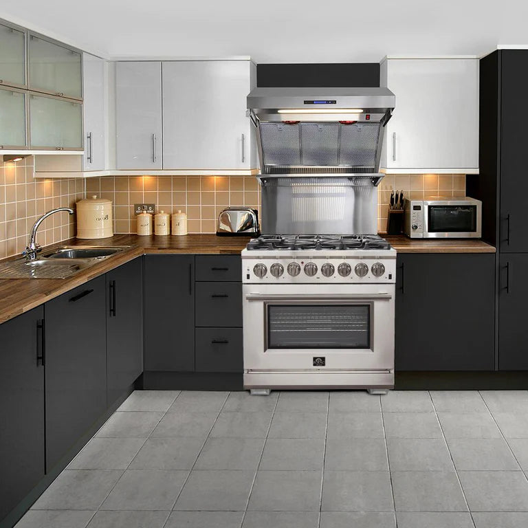 Forno Appliance Package- 36 Inch Gas Range, Wall Mount Range Hood