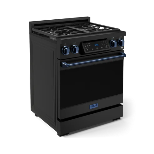 Gordon Ramsay by THOR Kitchen 30" 4.55 cu. ft. Professional Natural Gas Range with Tilt Panel Touch Control and Self-Clean in Matte Black with Navy Blue Accents