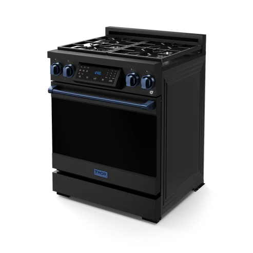 Gordon Ramsay by THOR Kitchen 30" 4.55 cu. ft. Professional Natural Gas Range with Tilt Panel Touch Control and Self-Clean in Matte Black with Navy Blue Accents