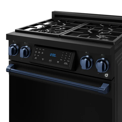 Gordon Ramsay by THOR Kitchen 30" 4.55 cu. ft. Professional Natural Gas Range with Tilt Panel Touch Control and Self-Clean in Matte Black with Navy Blue Accents