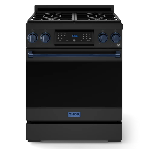 Gordon Ramsay by THOR Kitchen 30" 4.55 cu. ft. Professional Natural Gas Range with Tilt Panel Touch Control and Self-Clean in Matte Black with Navy Blue Accents