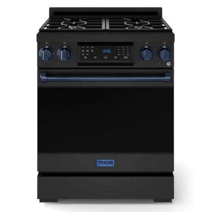 Gordon Ramsay by THOR Kitchen 30" 4.55 cu. ft. Professional Natural Gas Range with Tilt Panel Touch Control and Self-Clean in Matte Black with Navy Blue Accents