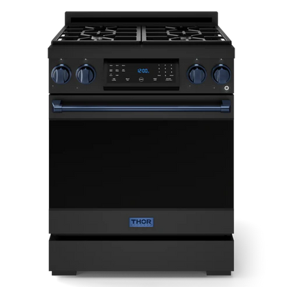 Gordon Ramsay by THOR Kitchen 30" 4.55 cu. ft. Professional Propane Gas Range with Tilt Panel Touch Control and Self-Clean in Matte Black with Navy Blue Accents