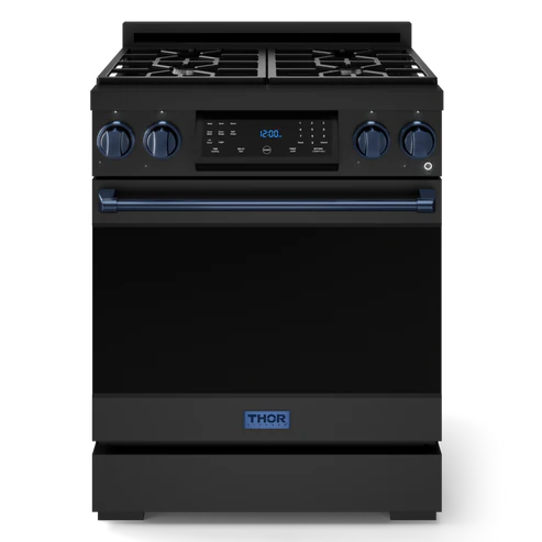 Gordon Ramsay by THOR Kitchen 30" 4.55 cu. ft. Professional Propane Gas Range with Tilt Panel Touch Control and Self-Clean in Matte Black with Navy Blue Accents