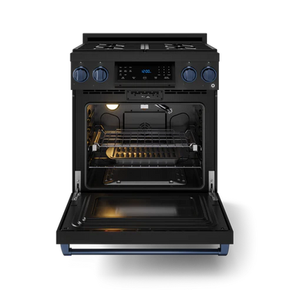 Gordon Ramsay by THOR Kitchen 30" 4.55 cu. ft. Professional Natural Gas Range with Tilt Panel Touch Control and Self-Clean in Matte Black with Navy Blue Accents