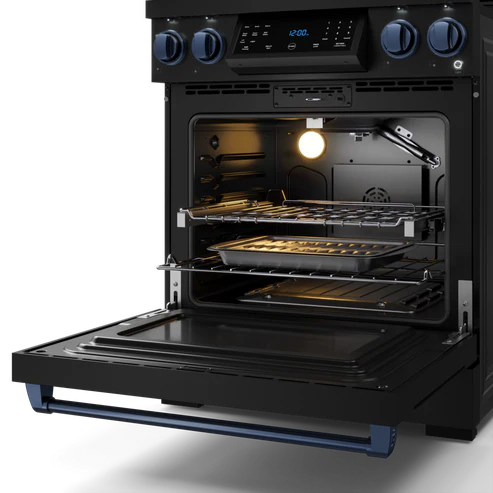 Gordon Ramsay by THOR Kitchen 30" 4.55 cu. ft. Professional Natural Gas Range with Tilt Panel Touch Control and Self-Clean in Matte Black with Navy Blue Accents