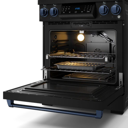 Gordon Ramsay by THOR Kitchen 30" 4.55 cu. ft. Professional Natural Gas Range with Tilt Panel Touch Control and Self-Clean in Matte Black with Navy Blue Accents