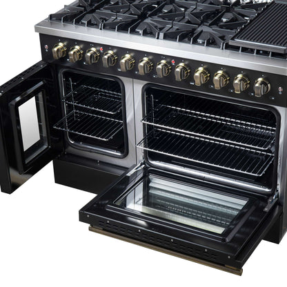 Forno Galiano 48-inch French Door Dual Fuel Range, Black & Antique Brass Design, 8 Sealed Burners - 107,000 BTU, Griddle, 6.58 cu.ft. Double Ovens