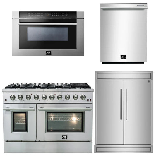 Forno Appliance Package - 48" Gas Range, 60" Refrigerator, Microwave Drawer, Dishwasher