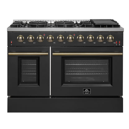 FORNO Galiano 48-inch Gas Range - Black & Antique Brass Design, 8 Burners, 107,000 BTU, Griddle, 6.58 cu.ft. Double Ovens