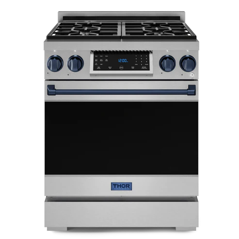 Gordon Ramsay by THOR Kitchen 30" 4.55 cu. ft. Professional Natural Gas Range with Tilt Panel Touch Control and Self-Clean in Matte Black with Navy Blue Accents