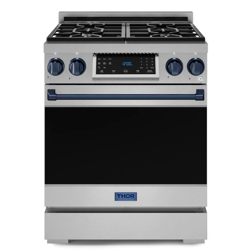 Gordon Ramsay by THOR Kitchen 30" 4.55 cu. ft. Professional Propane Gas Range with Tilt Panel Touch Control and Self-Clean in Matte Black with Navy Blue Accents