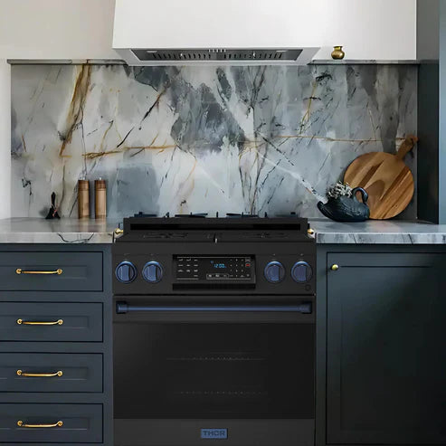 Gordon Ramsay by THOR Kitchen 30" 4.55 cu. ft. Professional Natural Gas Range with Tilt Panel Touch Control and Self-Clean in Matte Black with Navy Blue Accents