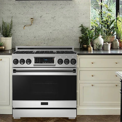 Gordon Ramsay by THOR Kitchen 36" 6.0 cu. ft. Professional Natural Gas Range with Tilt Panel Touch Control, Self-Clean and Air Fry in Stainless Steel with Black Accents