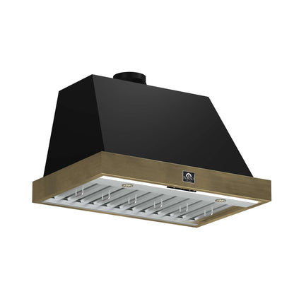 Forno Vittorio 36-Inch Wall Mount Range Hood, Black with Antique Brass Trim, 600 CFM Airflow, Dishwasher-Safe Baffle Filters, Remote Control, 3-Speed Fan, Bright LED Lighting.