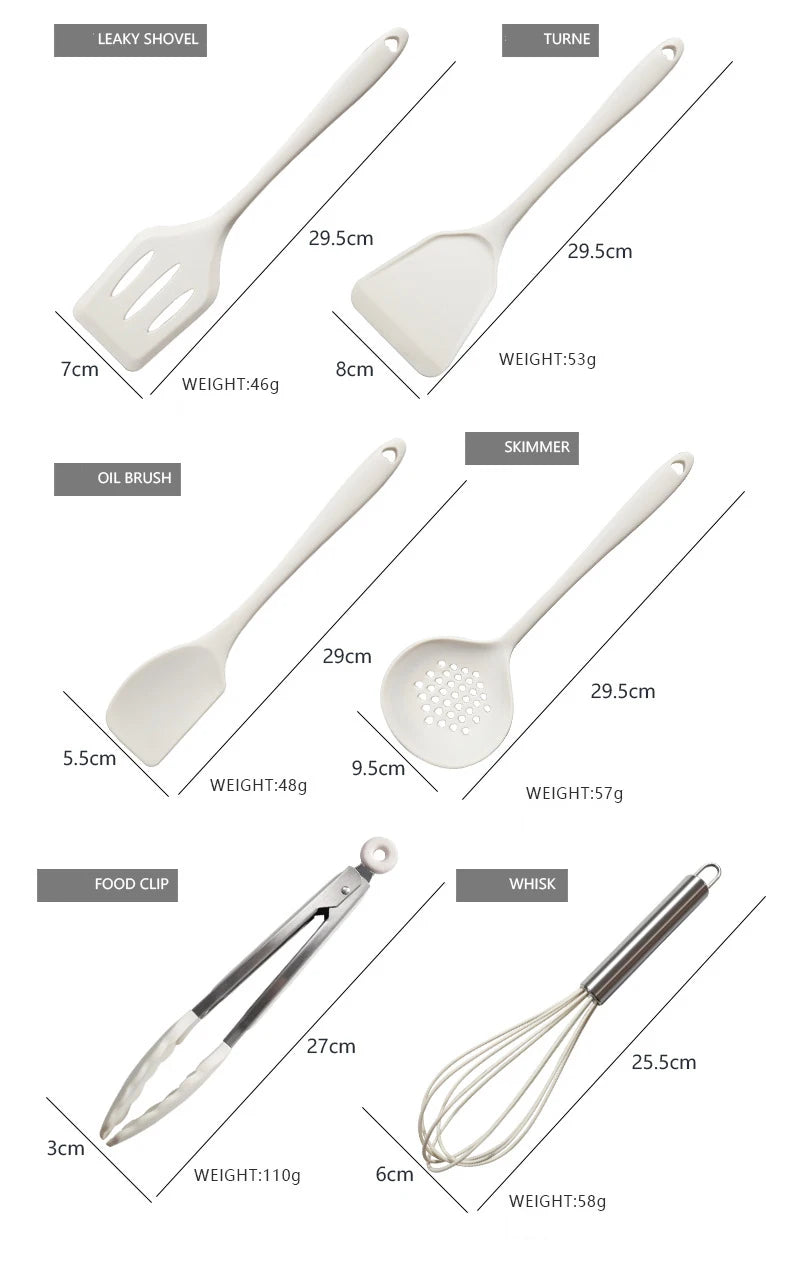 Silicone Kitchen Cookware Utensils (Pink, White, or Black) - 18Pcs Food Grade  Turner Spatula Measuring Spoon Practical Cooking Tool Kitchenware Set