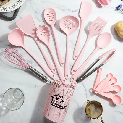 Silicone Kitchen Cookware Utensils (Pink, White, or Black) - 18Pcs Food Grade  Turner Spatula Measuring Spoon Practical Cooking Tool Kitchenware Set