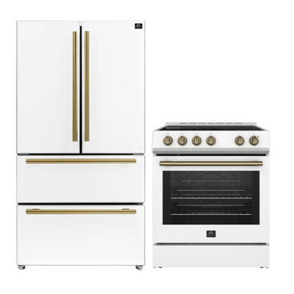 FORNO Premium 2 Pieces Kitchen Bundle - Leonardo Espresso 30-Inch White Electric Range, Moena Espresso 36-Inch White French Door Refrigerator
