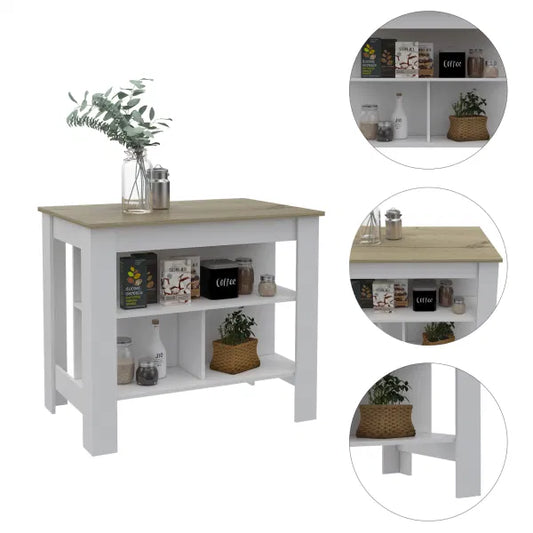 Cala Kitchen Island - Four Legs; Three Shelves -White / Light Oak