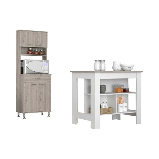 Calgary 2 Piece Kitchen Set (Kitchen Island + Pantry Cabinet)